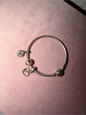 Pandora Two-Tone Silver Bangle with Heart and Gold Accent Charms